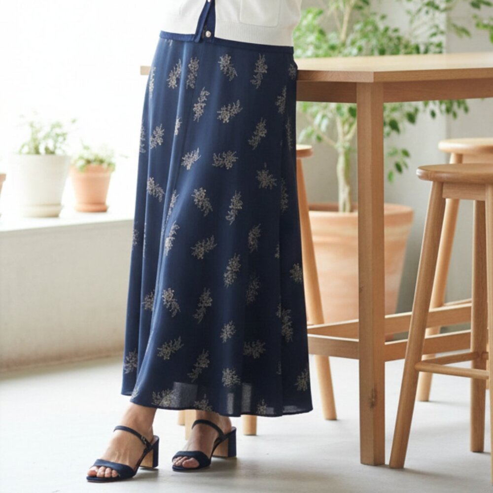 KAREN KANE skirt vintage retro 80s floral long navy flare -10 (30" waist)